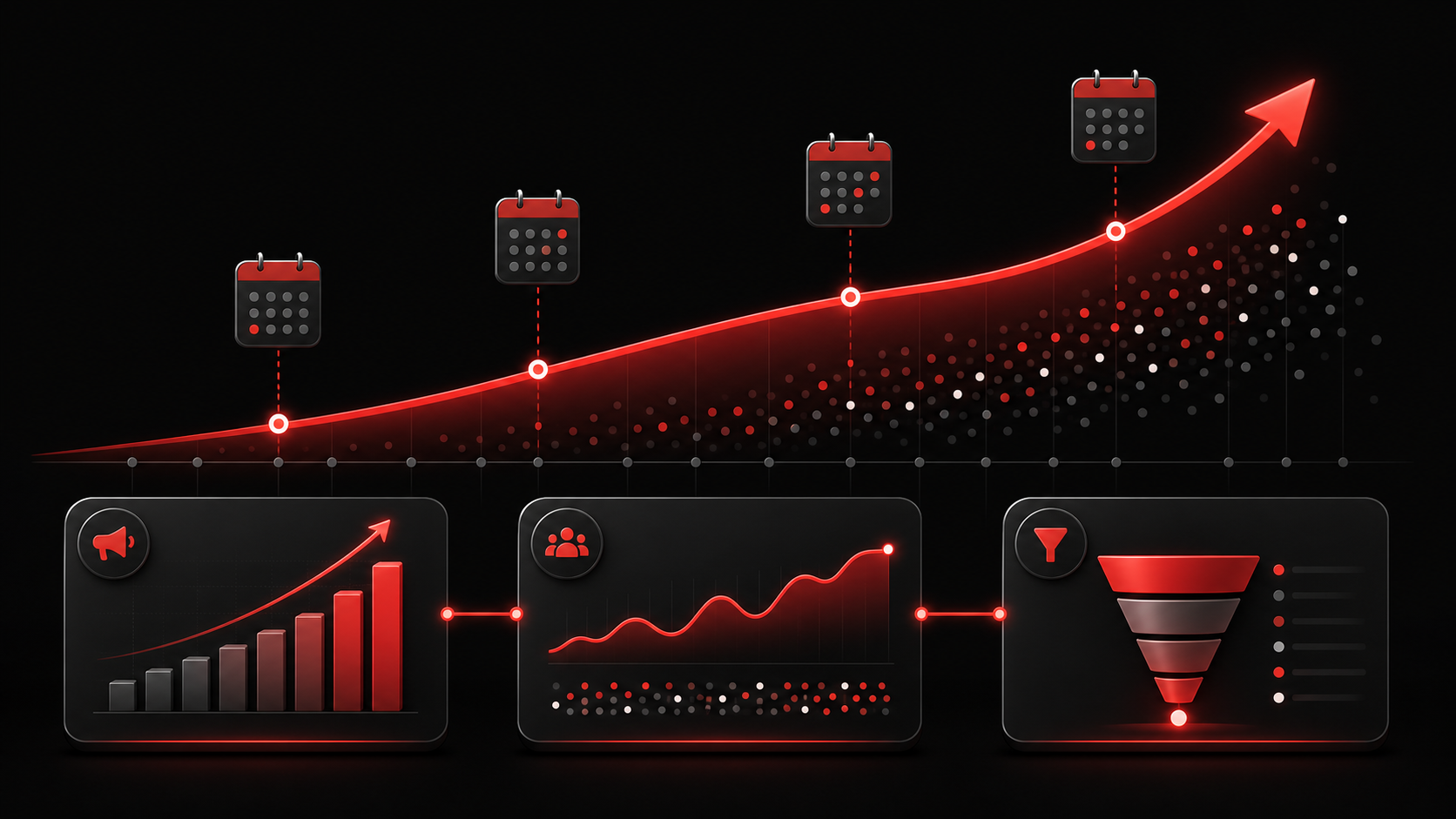 Illustration of an upward sales trend linked to campaign, audience, and conversion data panels.