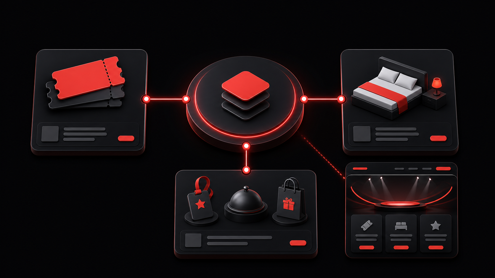 Illustration showing tickets, accommodation, add-ons, and an event website connected through one central platform.
